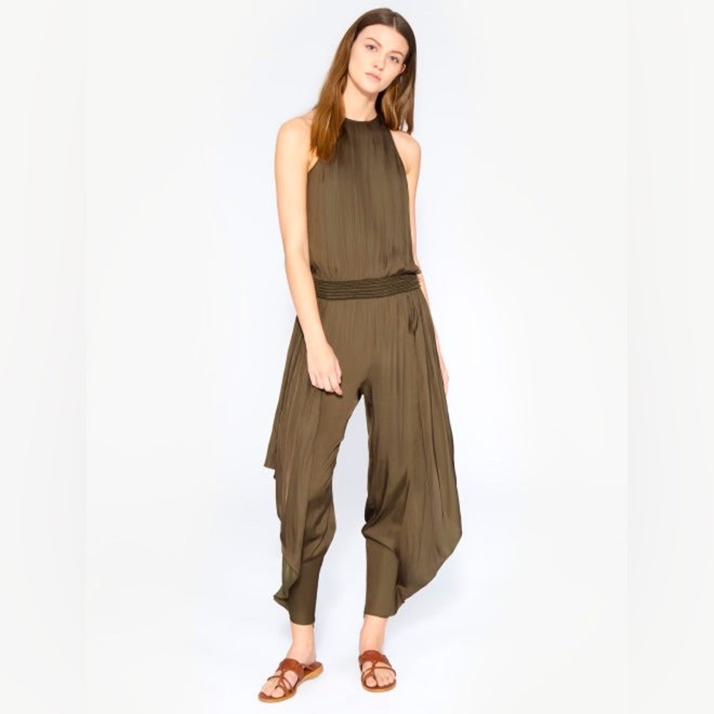 HALSTON HERITAGE Flowy Satin Round neck Jumpsuit Olive Green NWT Boho Size 2
